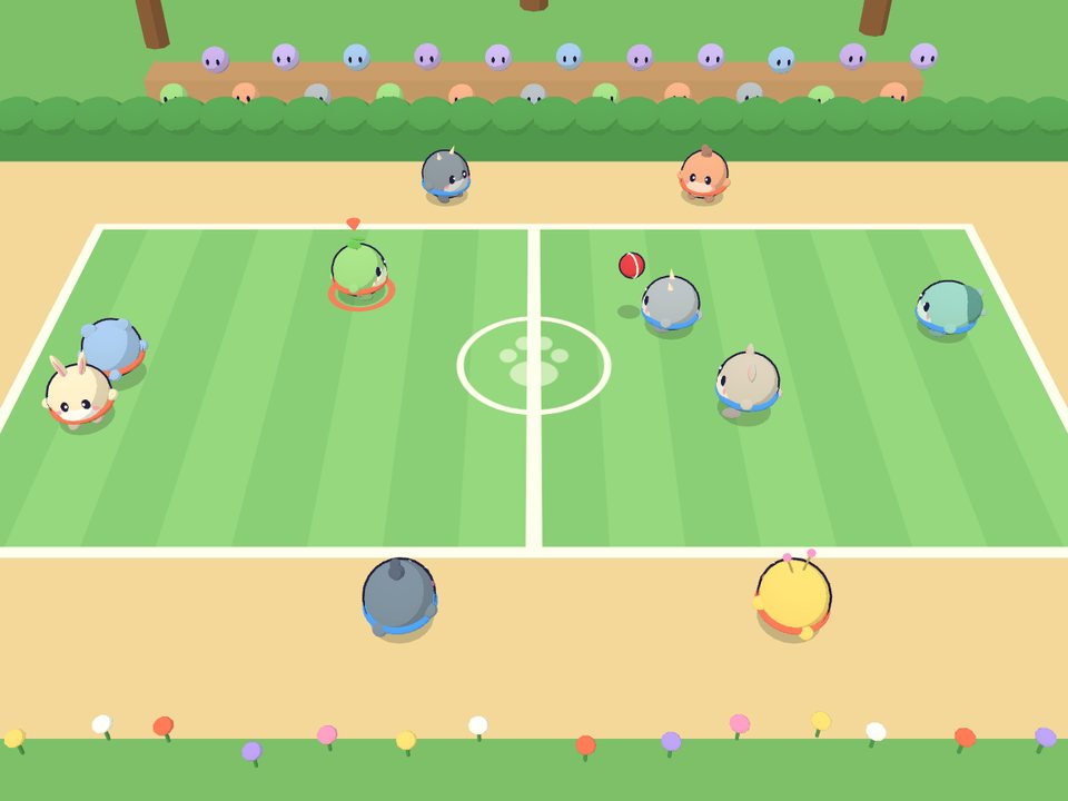 Bogball gameplay: critters mid-match on a garden dodgeball court, ball in flight