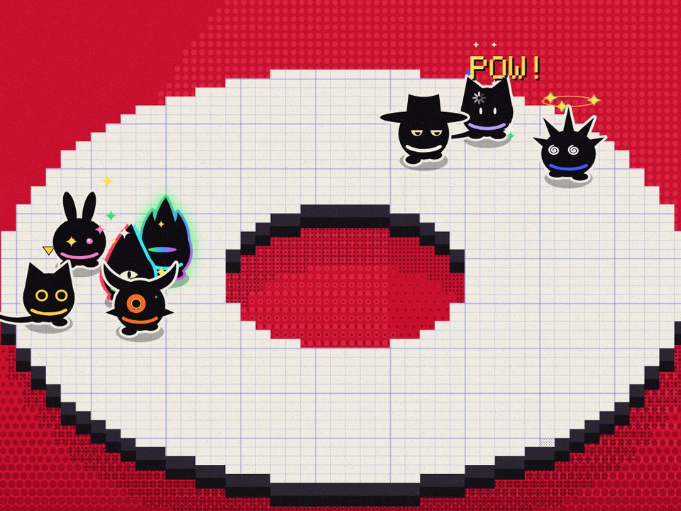 Glyphfall gameplay: blots bumping each other around the ring-shaped Halo glyph
